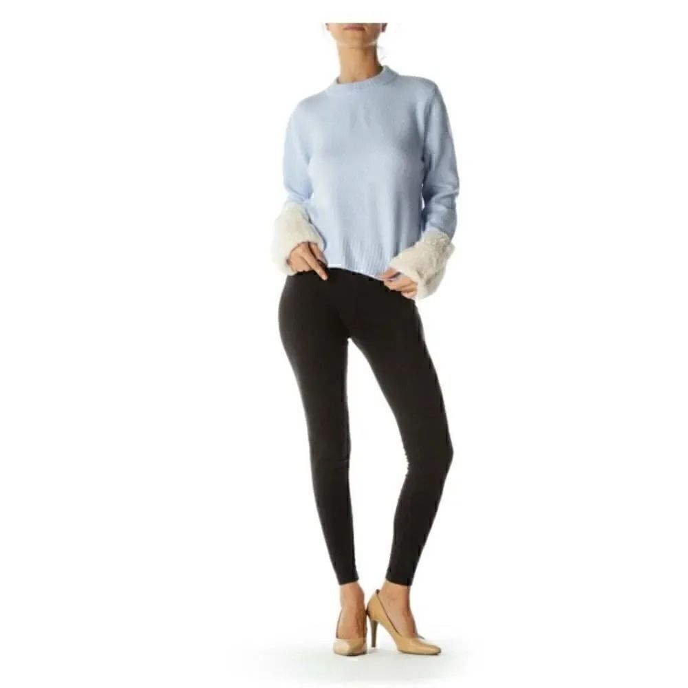 ZARA FAUX FUR TRIM Cream Fur Cuffs KNIT BLEU SWEATER CROP SOFT SZ S # 1725